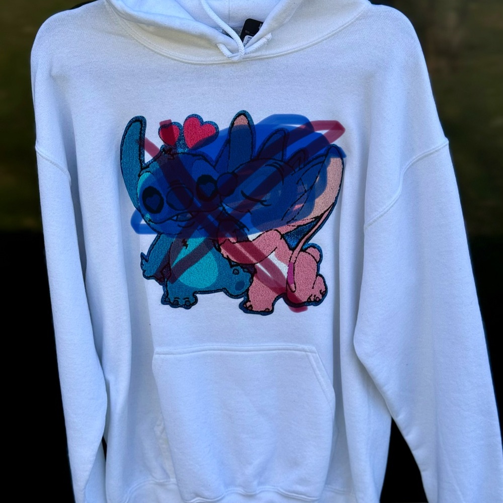 Gildan White Hoodie with Colorful Stitched Character Hearts